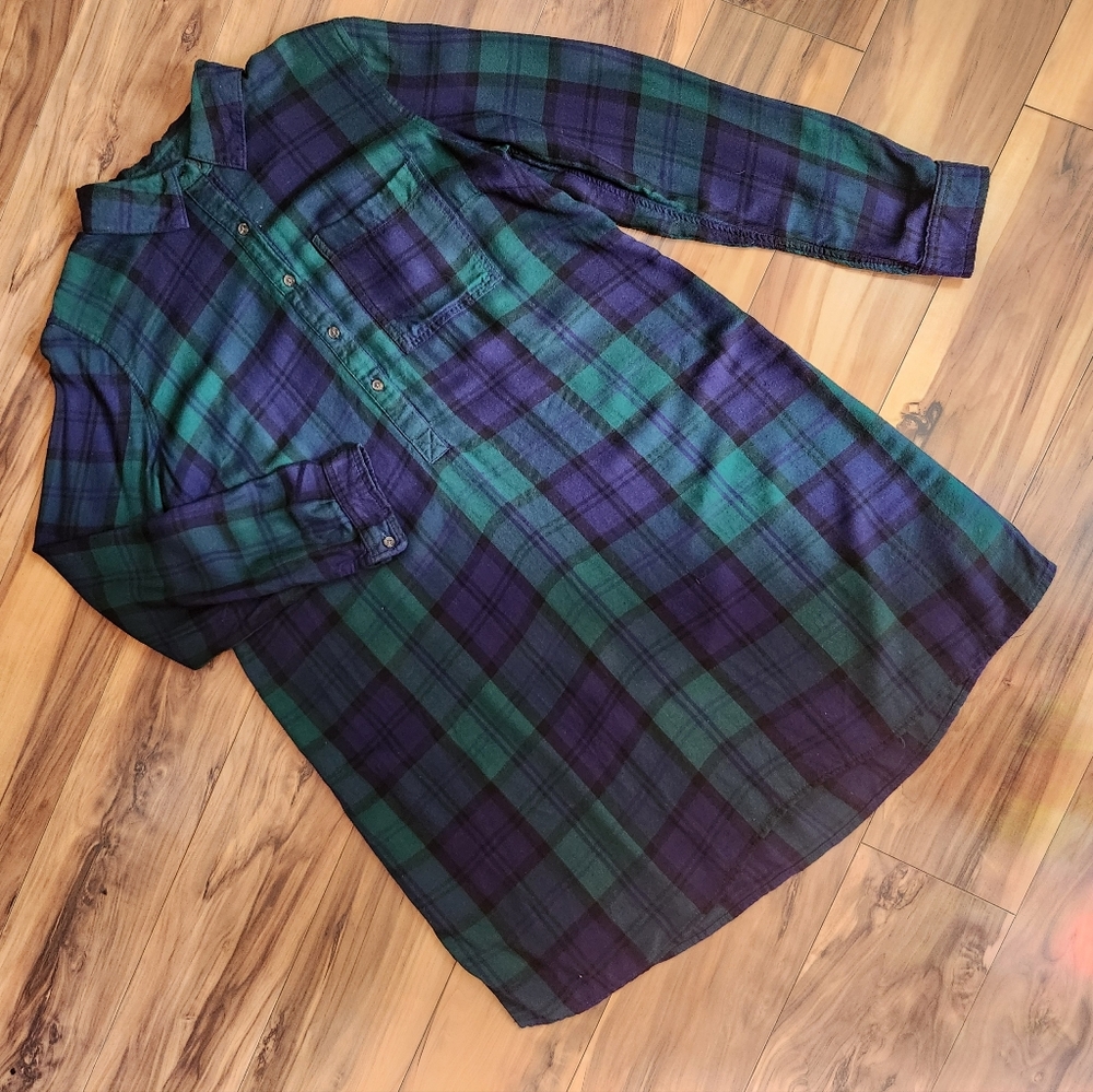 Old Navy Green and Blue Plaid Flannel Shirt Dress Size M